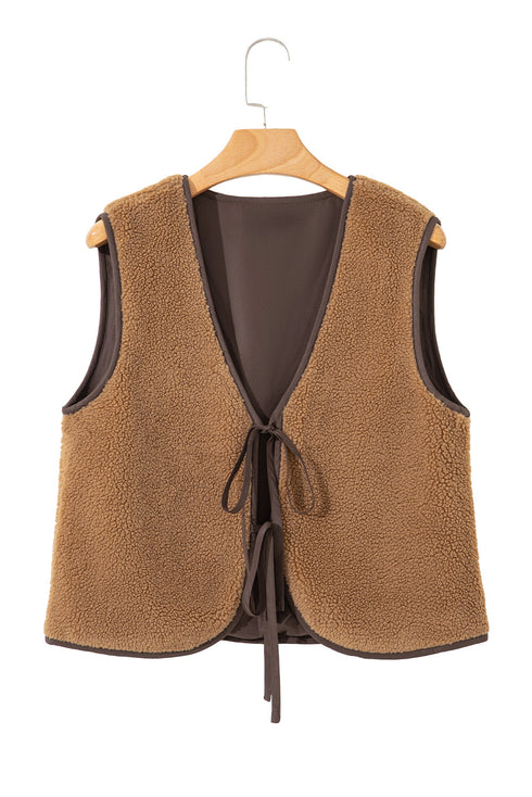 Western Contrast Trim Tie Front Textured Sherpa Vest