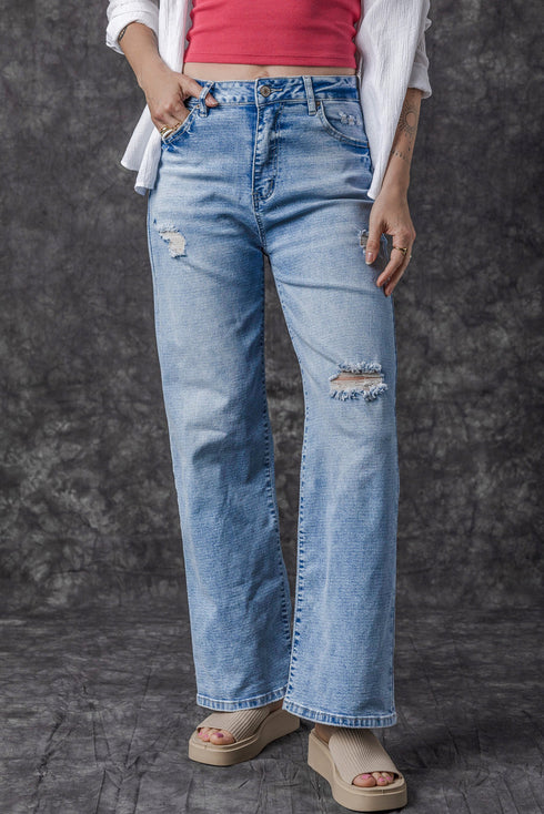 Chic High Rise Distressed Wide Leg Denim Jeans