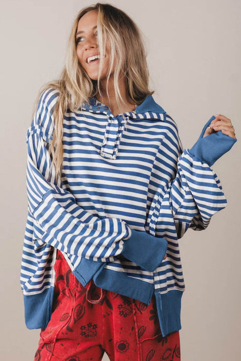 Striped Trim Raw Seam Split Hem Loose Pullover Sweatshirt