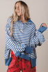 Striped Raw Seam Split Hem Loose Pullover Sweatshirt