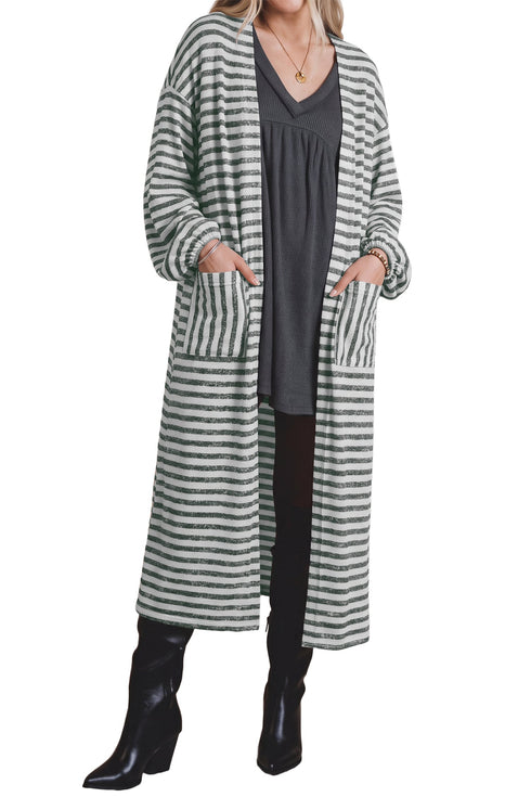 Striped Puff Sleeve Open Front Oversized Longline Cardigan
