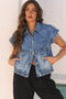 Solid Washed Button Up Elastic Hem Denim Vest