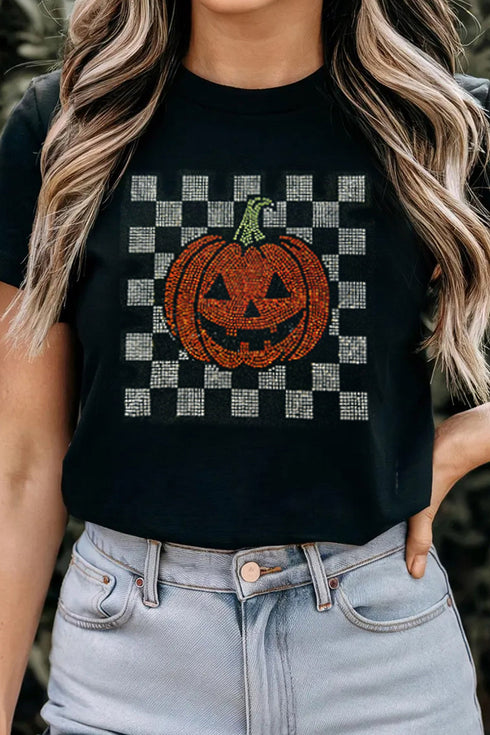 Polyester Cotton Blend Rhinestone Pumpkin Graphic Tee