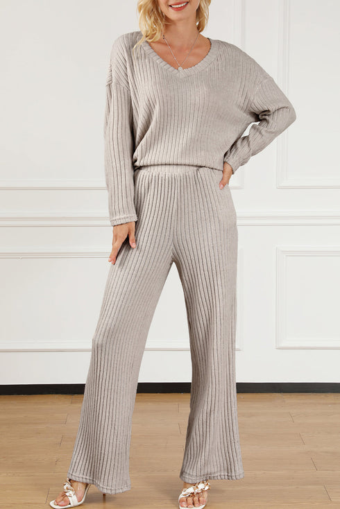 Ribbed Knit Wide Leg Slouchy Two Piece Loungewear