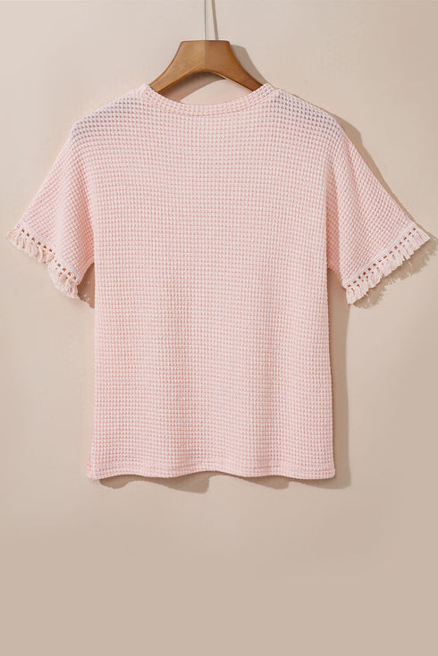 Solid Waffle Knit Fringe Trim Textured Short Set
