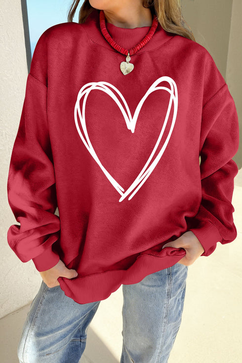 Sketch Heart Graphic Mock Neck Pullover Sweatshirt