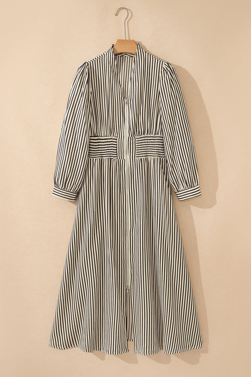 Modern Striped Zip Front Cinched High Waist Midi Dress
