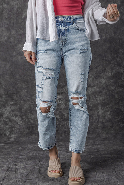 Distressed Frayed Slim Fit High Waist Denim Jeans