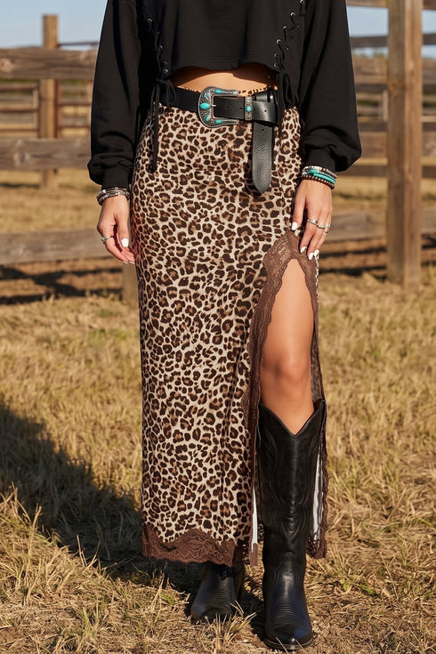 Cheetah Print Trim Split Long Western Skirt