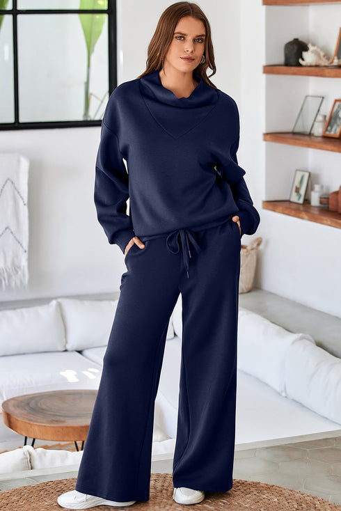 Cowl Neck Drawstring Pullover Wide Leg Athleisure Pant Set