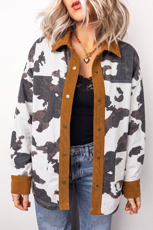 Western Cow Print Long Sleeve Button Up Denim Jacket