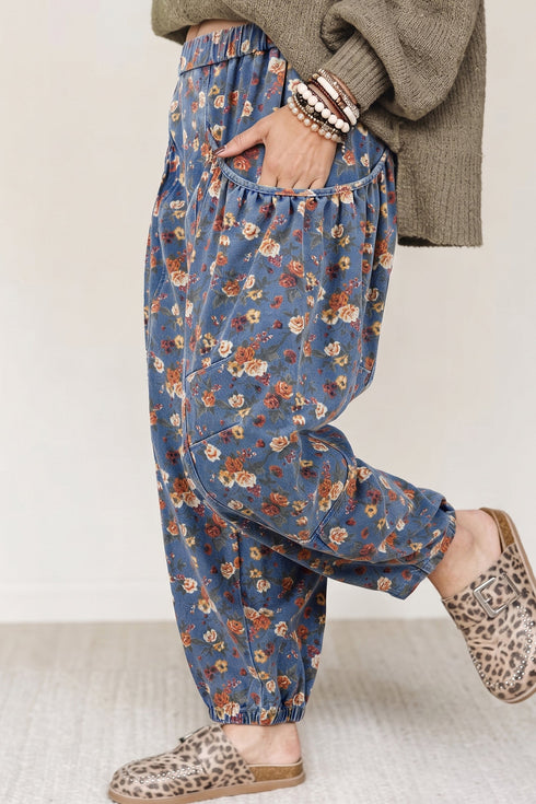Retro Floral Print Elastic Waist Pocketed Barrel Jeans