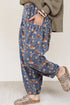 Retro Floral Print Elastic Waist Pocketed Barrel Jeans