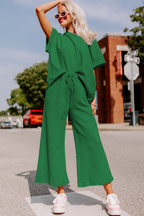 Textured Solid Loose Fit Wide Leg Pant Set