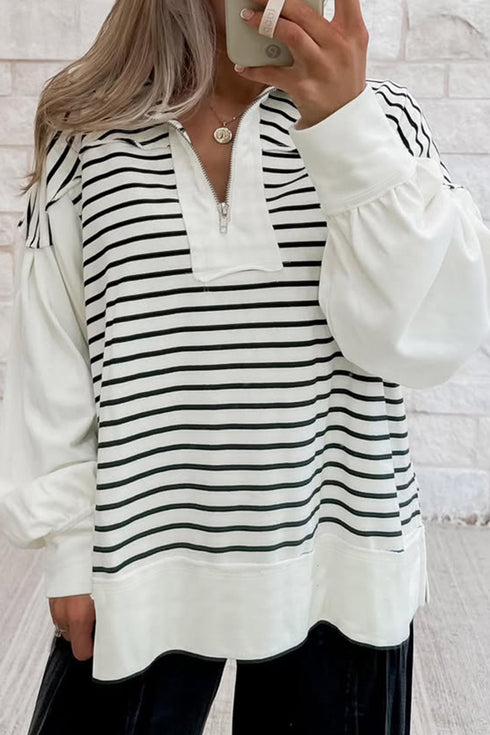 Striped Metal Zip Up Collar Long Puff Sleeve Top