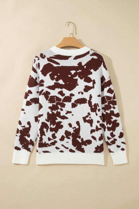Cow Pattern Western Long Sleeve Round Neck Pullover Sweater