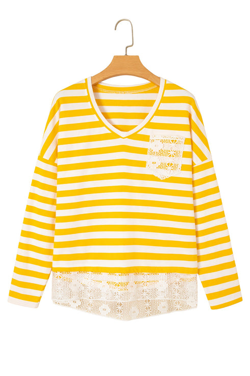 Striped Lace Patchwork V Neck Cotton Long Sleeve Top