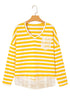 Striped Lace Patchwork V Neck Cotton Long Sleeve Top