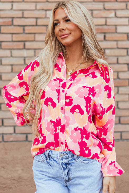 Abstract Floral Balloon Sleeve Button Down Shirt