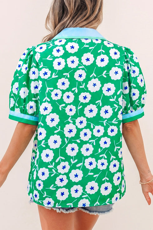 All Over Floral Print Contrast Patchwork Collar Short Sleeve Blouse