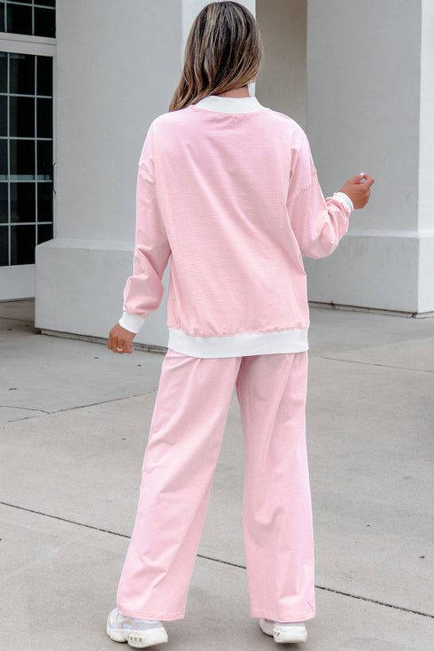 Striped Trim Mock Neck Pullover Drawstring Pants Outfit Pant Set