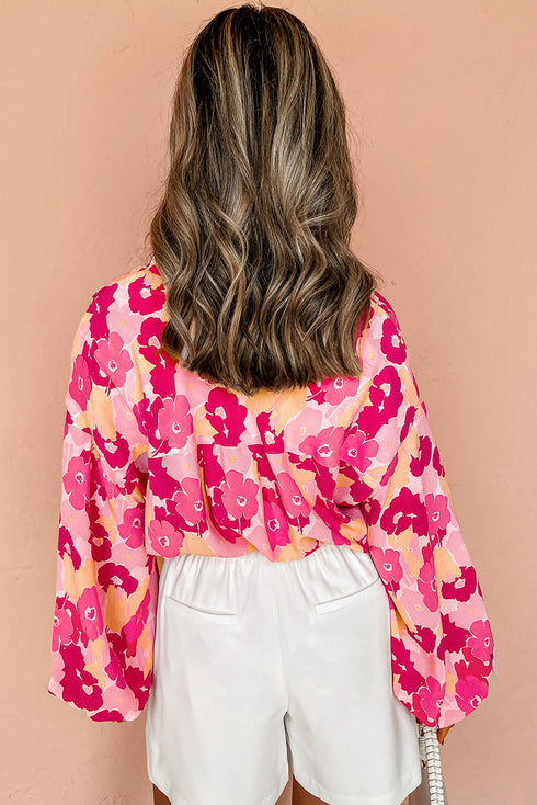 Abstract Floral Balloon Sleeve Button Down Shirt