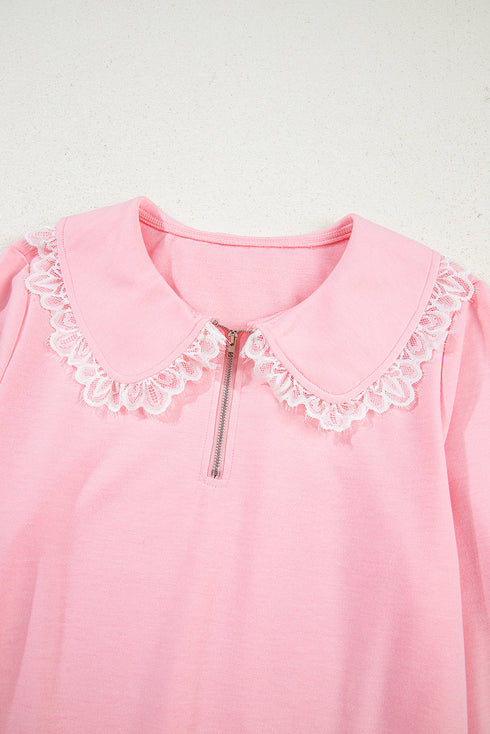 Lace Trim Peter Pan Sweatshirt Skirt Two Piece Dress