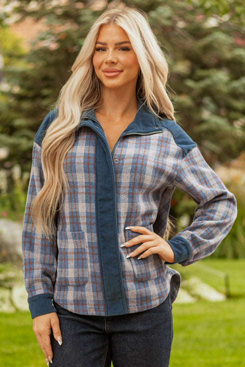 Western Patchwork Corduroy Collared Zip Up Plaid Shacket