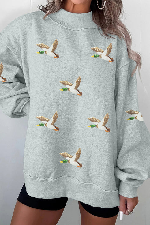 Sequin Mallard Graphic Mock Neck Baggy Pullover Sweatshirt