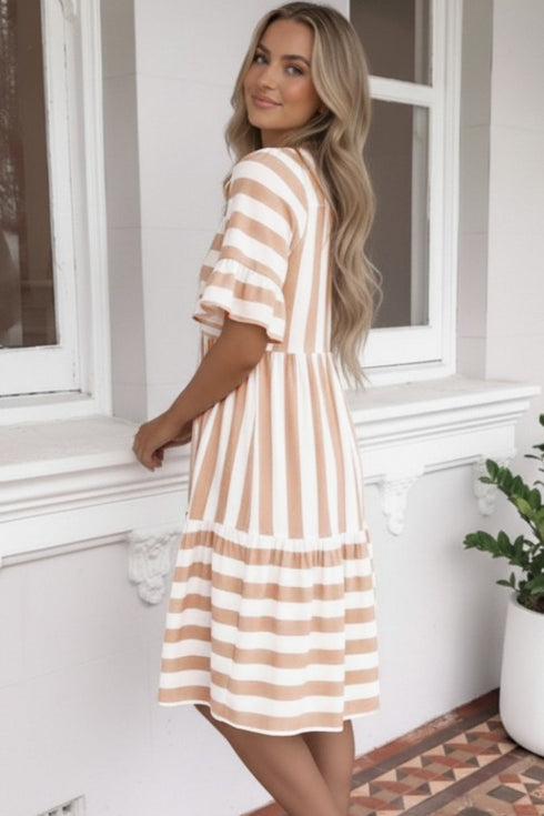 Striped Ruffle Trim Tie Front Short Sleeve Mini Dress