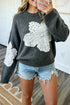 Beaded Floral Motif Accent Round Neck Sweater