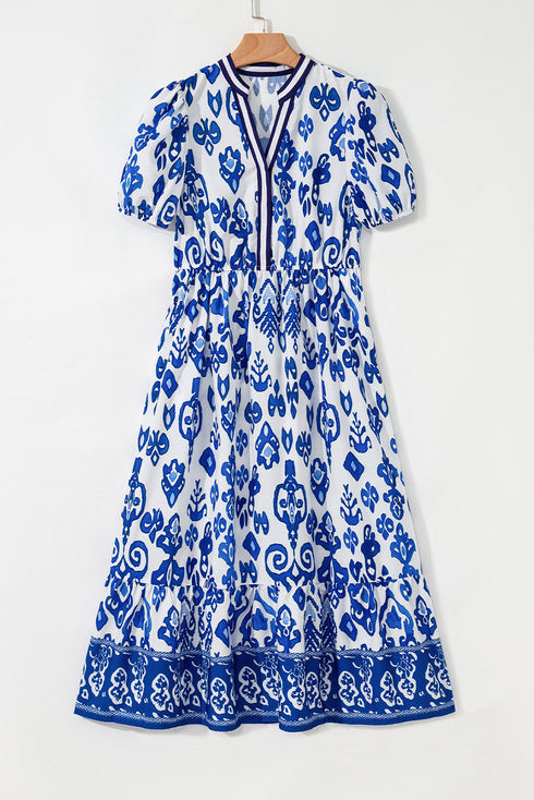 Floral Puff Short Sleeve V Neck High Waist Maxi Dress