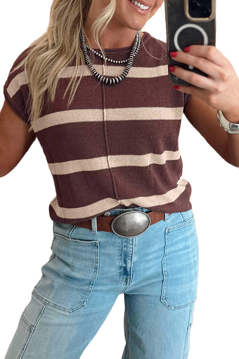 Striped Pattern Knit Western Short Sleeve Sweater
