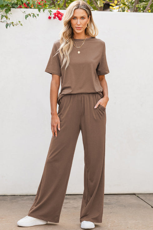 Casual Solid T Shirt Wide Leg Pant Set