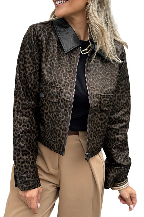 Pu Leather Leopard Print Collar Metal Placket Jacket