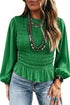 Western Smocked Texture Ruffle Hem Long Sleeve Blouse