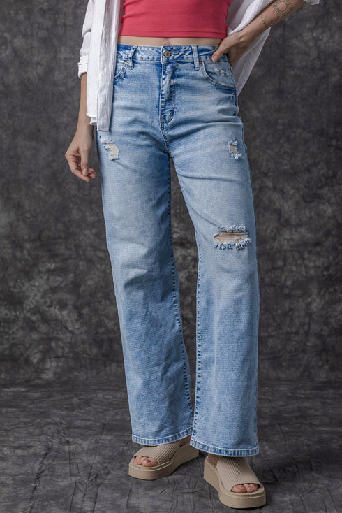 Chic High Rise Distressed Wide Leg Denim Jeans