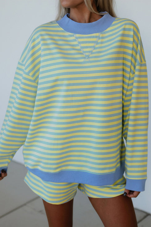 Stripe Print Contrast Trim Long Sleeve Pullover Short Set