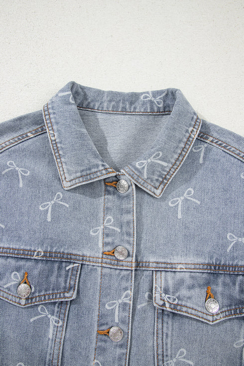 Bow Knot Print Raw Hem Washed Denim Jacket