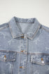 Bow Knot Print Raw Hem Washed Denim Jacket