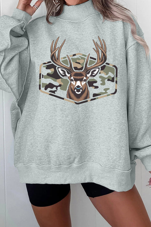 Camouflage Reindeer Graphic Mock Neck Oversized Western Sweatshirt