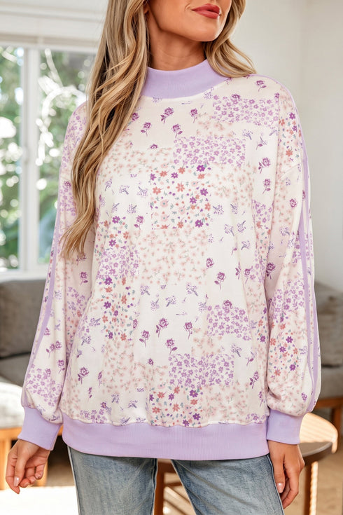 Floral Print Mock Neck Paneled Sleeve Sweatshirt