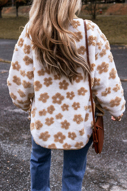 Flower Pattern Button Up Sherpa Fleece Jacket