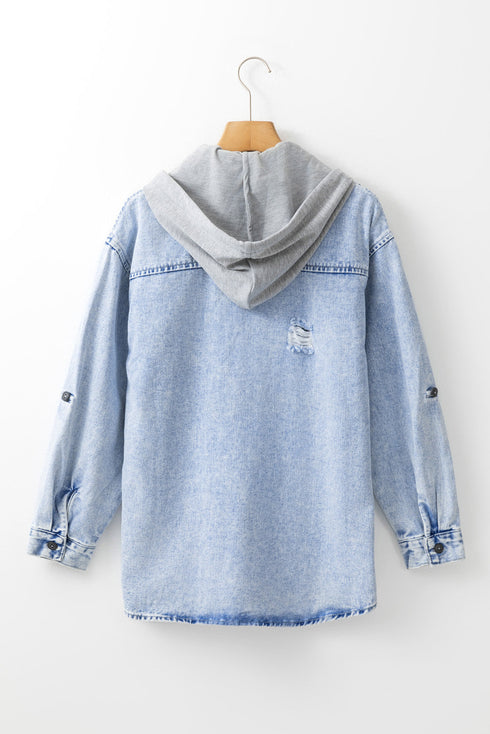 Casual Oversized Solid Print Hooded Denim Jacket