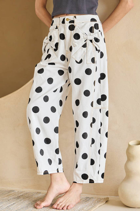 Polka Dot Print Bow Detail Pocketed Denim Jeans