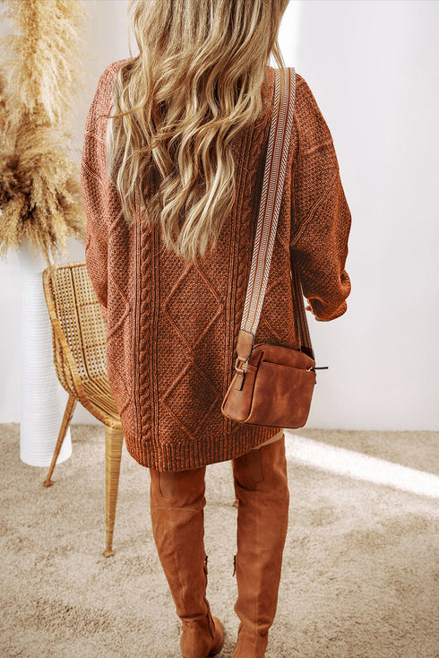 Long Sleeve Cable Knit Crew Neck Sweater Dress