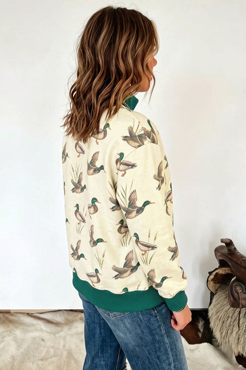 Mallard Duck Print Patchwork High Neck Sweatshirt