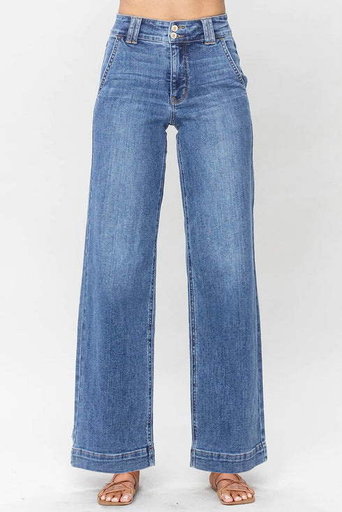 Double Button Zip Fly Wide Straight Leg Jeans