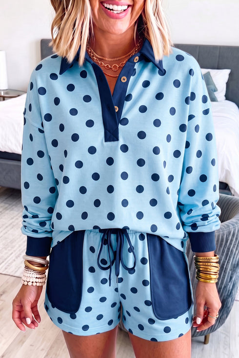 Polka Dot Drop Shoulder Polo Patch Pocket Short Set