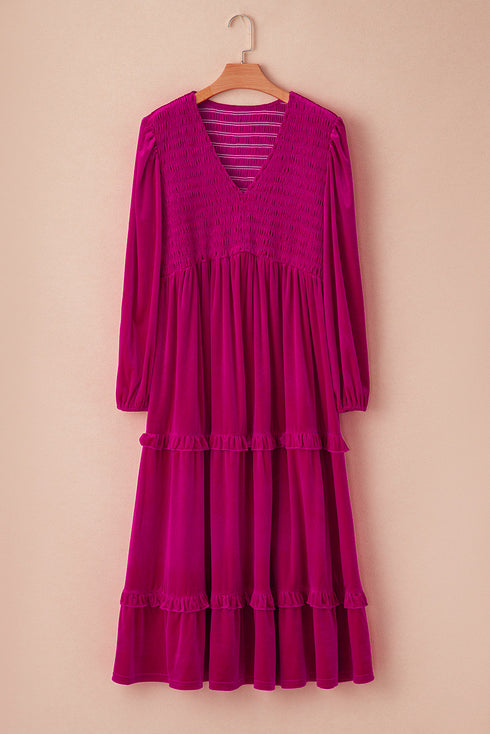 Smocked V Neck Tiered Ruffled Velvet Maxi Dress